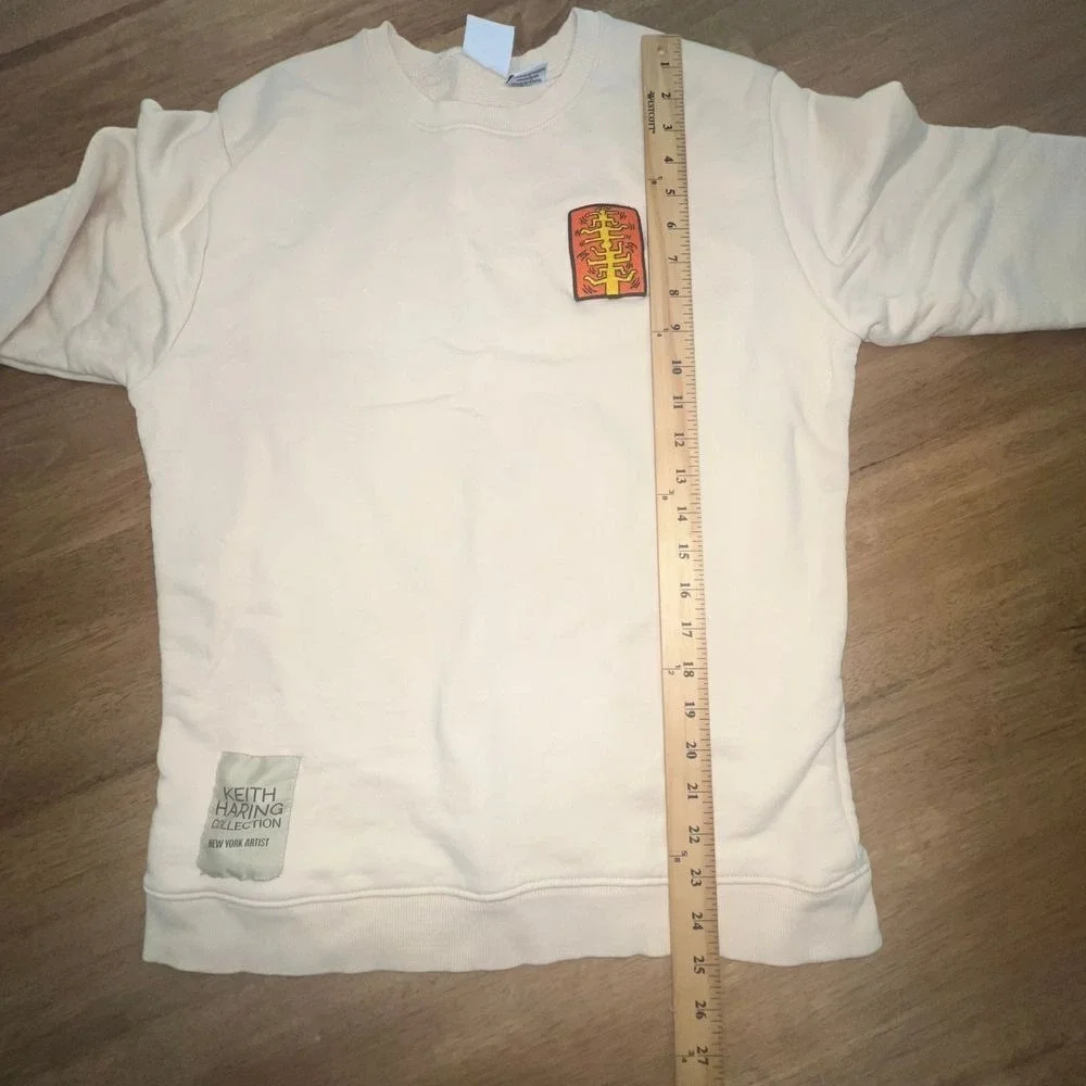 Keith Haring x Zara Mens crewneck Sweatshirt Size Medium M Beige Patch - Picture 12 of 13